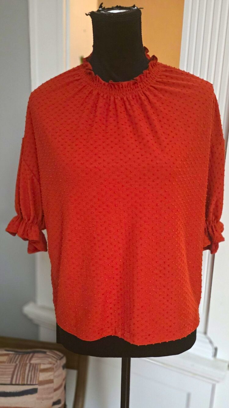 Madewell Women’s Rust High Neck Ruffle 3/4 Sleeve Pullover Blouse Top M